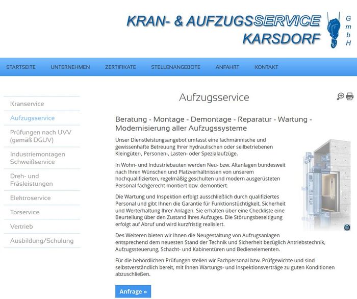 Hompage Kran- und Aufzugsservice Karsdorf